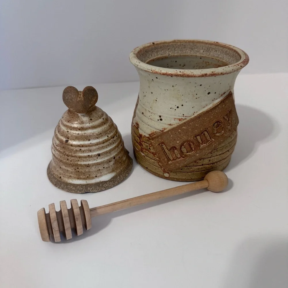 Vintage Wagner Village Pottery Honey Pot Jar Wood Dipper Signed Stoneware Lidded